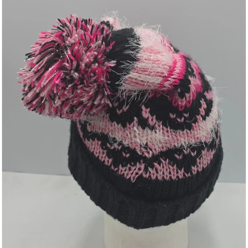 ZeroXposur Beanie‎ Women M/L Black Pink Fair Isle Pom Pom Knit Hat